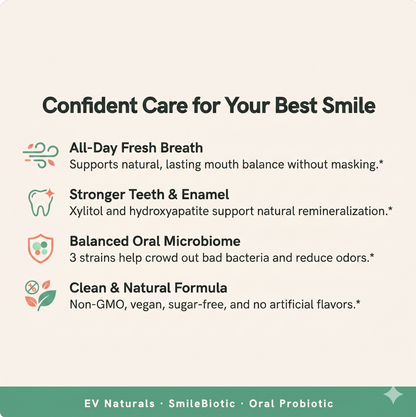 EV Naturals SmileBiotic Oral Probiotic Chewable — Fresh Breath, Healthy Gums & Teeth, Dry Mouth & Tonsil Stone Support — 4 Billion CFU, 3 Strains, 30 Count