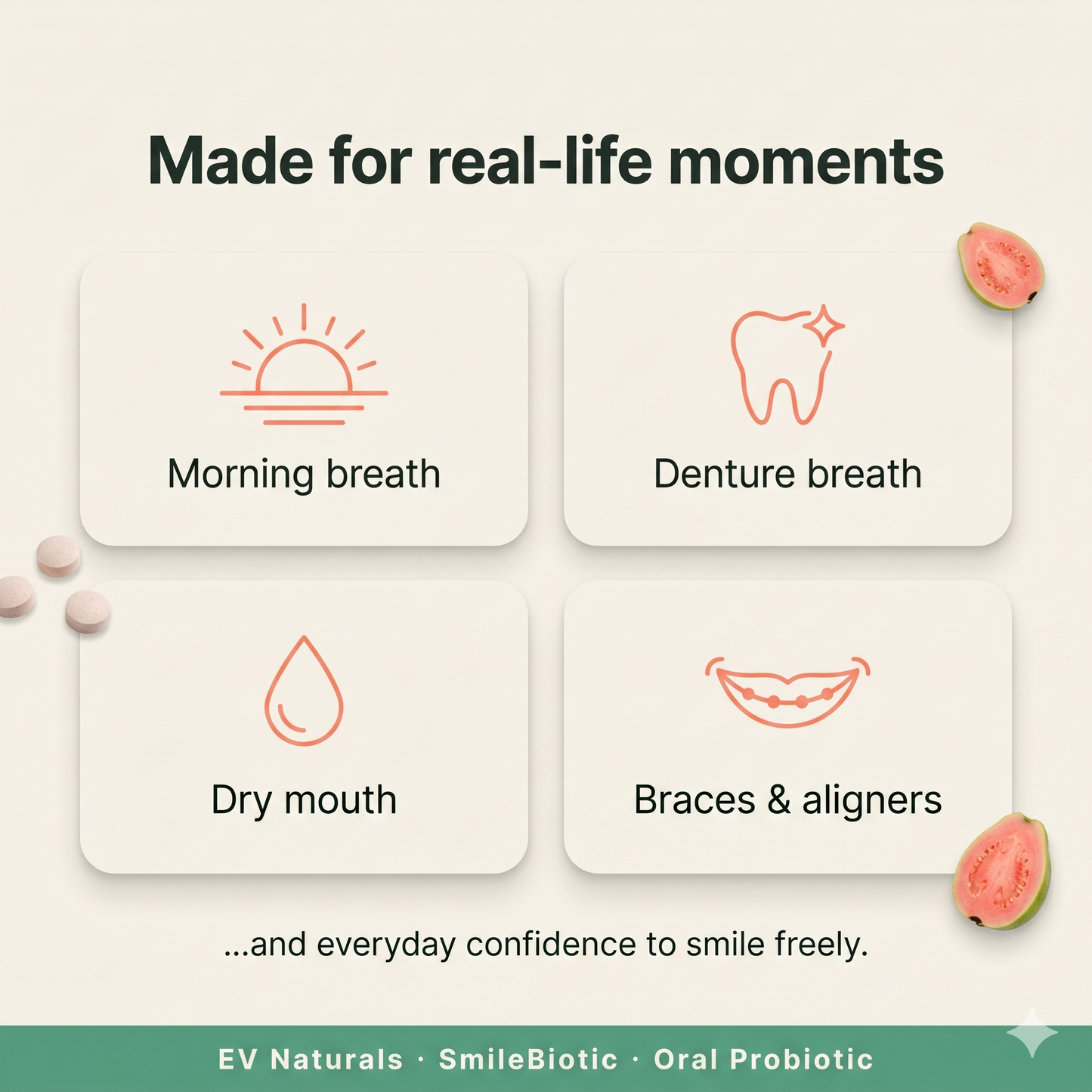 EV Naturals SmileBiotic Oral Probiotic Chewable — Fresh Breath, Healthy Gums & Teeth, Dry Mouth & Tonsil Stone Support — 4 Billion CFU, 3 Strains, 30 Count