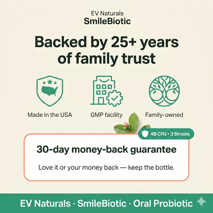 EV Naturals SmileBiotic Oral Probiotic Chewable — Fresh Breath, Healthy Gums & Teeth, Dry Mouth & Tonsil Stone Support — 4 Billion CFU, 3 Strains, 30 Count