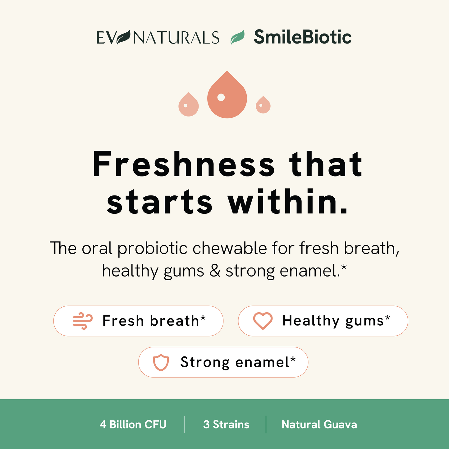EV Naturals SmileBiotic Oral Probiotic Chewable — Fresh Breath, Healthy Gums & Teeth, Dry Mouth & Tonsil Stone Support — 4 Billion CFU, 3 Strains, 30 Count